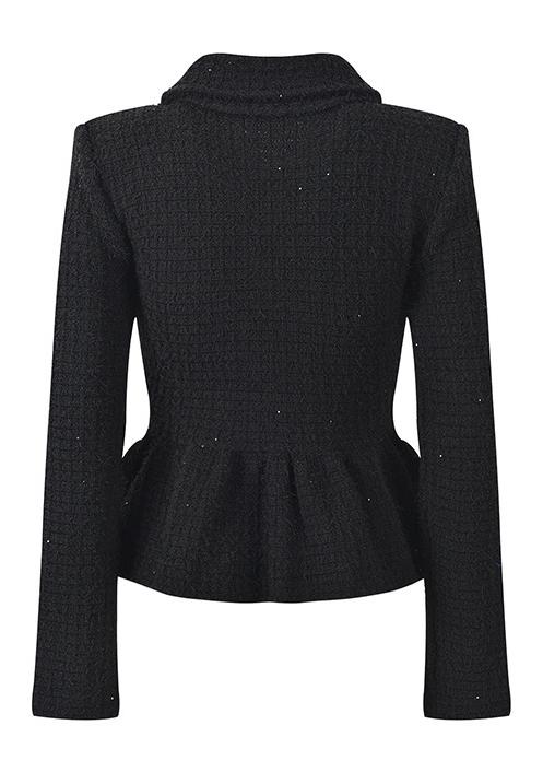 Black Peplum Jacket and Skirt Ensemble with Decorative Buttons