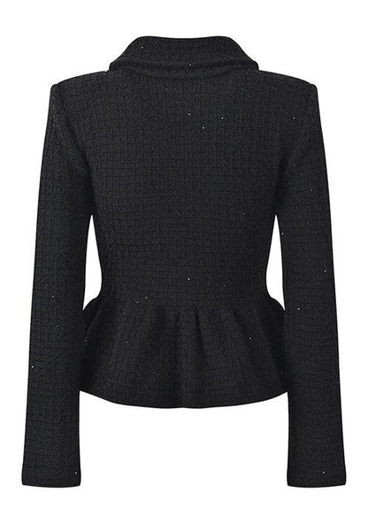 Black Peplum Jacket and Skirt Ensemble with Decorative Buttons