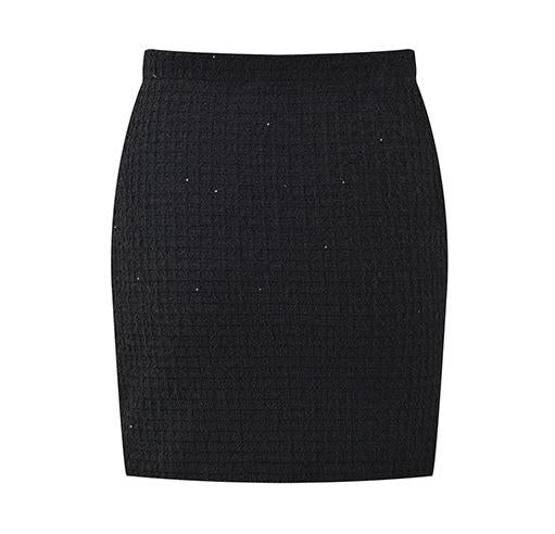 Black peplum silhouette tailored jacket and skirt ensemble with decorative buttons on pockets