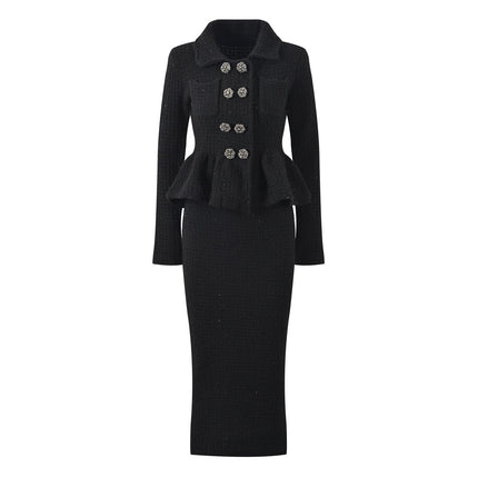 Black Peplum Top and Fitted Skirt Ensemble with Decorative Buttons and Pockets