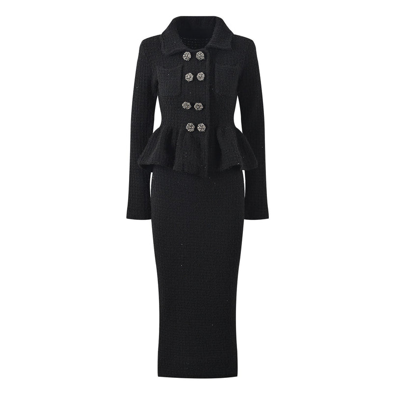 Black Peplum Top and Fitted Skirt Ensemble with Decorative Buttons and Pockets