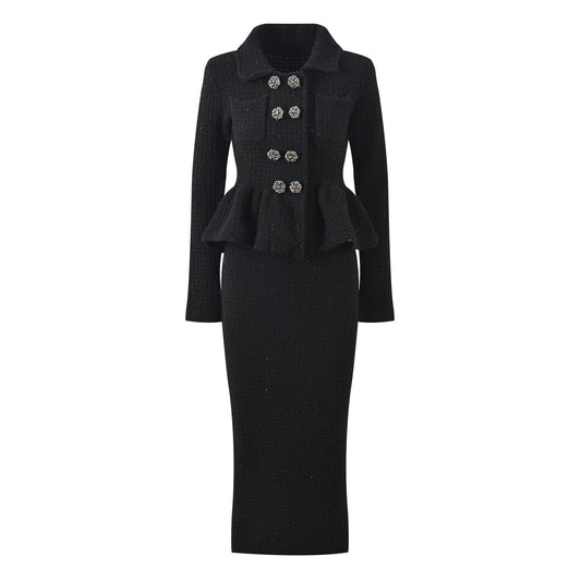 Black Peplum Top and Fitted Skirt Ensemble with Decorative Buttons and Pockets