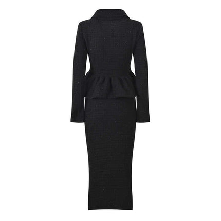 Black Peplum Top and Fitted Skirt Ensemble with Decorative Buttons and Pockets