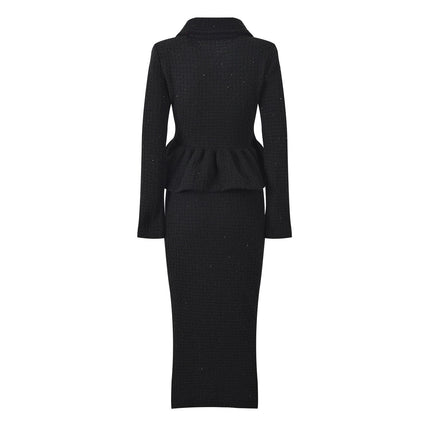 Black peplum top and fitted skirt ensemble with decorative buttons and pockets
