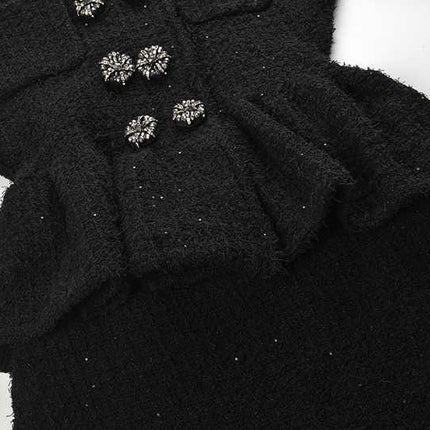 Black peplum top and fitted skirt ensemble with decorative buttons and pockets