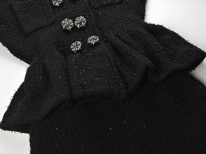 Black peplum top and fitted skirt ensemble with decorative buttons and pockets