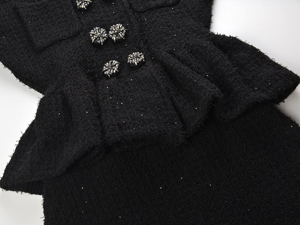 Black Peplum Top and Fitted Skirt Two-Piece Ensemble