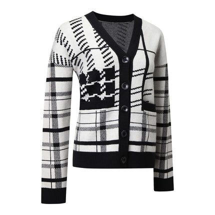 Jane wearing Black Plaid Cardigan Sweater with V-Neckline and Full Sleeves