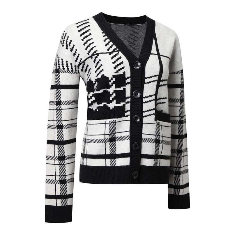 Jane wearing Black Plaid Cardigan Sweater with V-Neckline and Full Sleeves