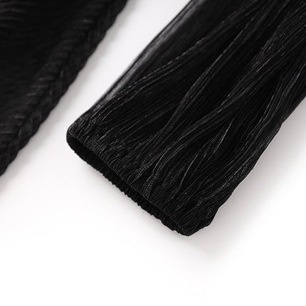 Black Pleated Maxi Dress with V-neckline and Sheer Details