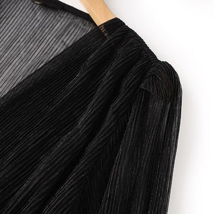 Black Pleated Maxi Dress with Sheer Details