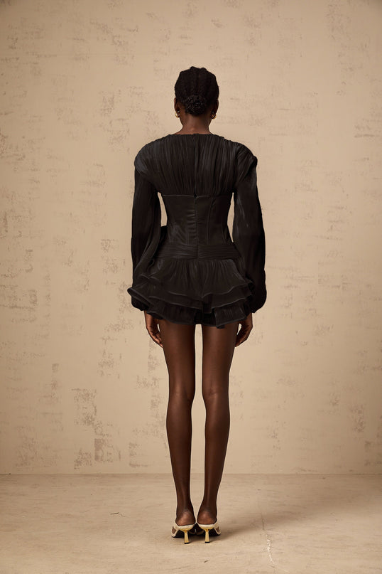 Black pleated mini dress with cinched waist for women