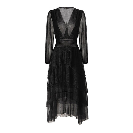 Black pleated V-neck maxi dress with sheer sleeves and waistband