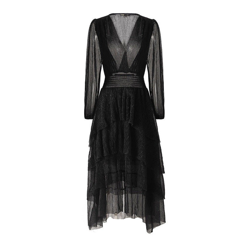 Black pleated V-neck maxi dress with sheer sleeves and waistband