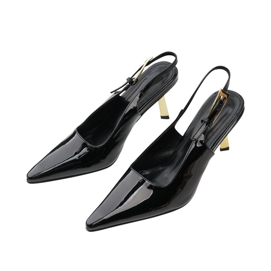 Black patent slingback dress shoes with a pointed toe and polished finish