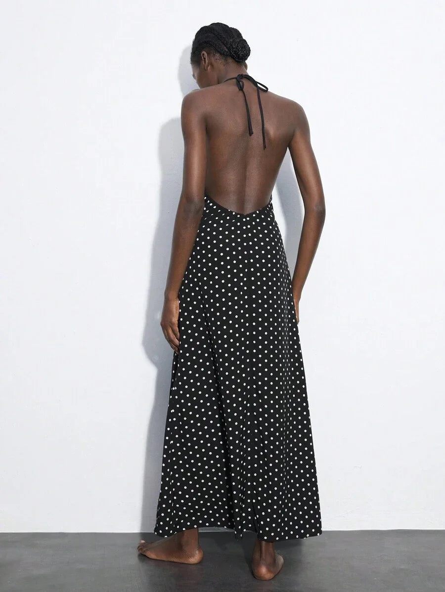 Black Polka Dot Lace Patchwork Backless Tie Strap Dress For Women Elegant Versatile Fitted Dress