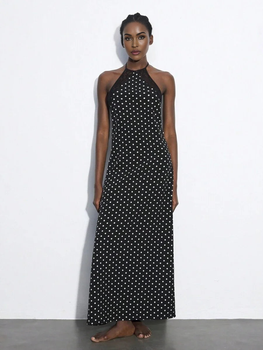 Black Polka Dot Lace Patchwork Backless Tie Strap Dress For Women Elegant Versatile Fitted Dress