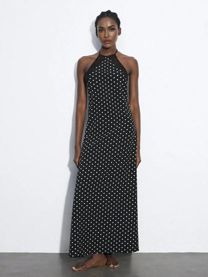 Black Polka Dot Lace Patchwork Backless Tie Strap Dress For Women Elegant Versatile Fitted Dress