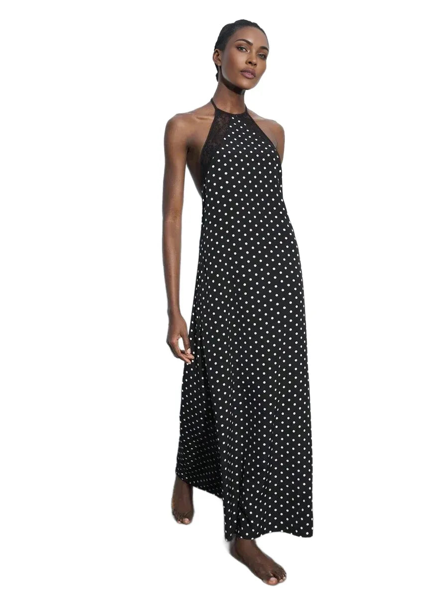 Black Polka Dot Lace Patchwork Backless Tie Strap Dress For Women Elegant Versatile Fitted Dress