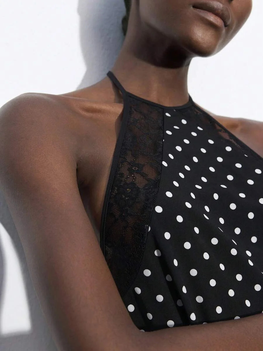 Black Polka Dot Lace Patchwork Backless Tie Strap Dress For Women Elegant Versatile Fitted Dress
