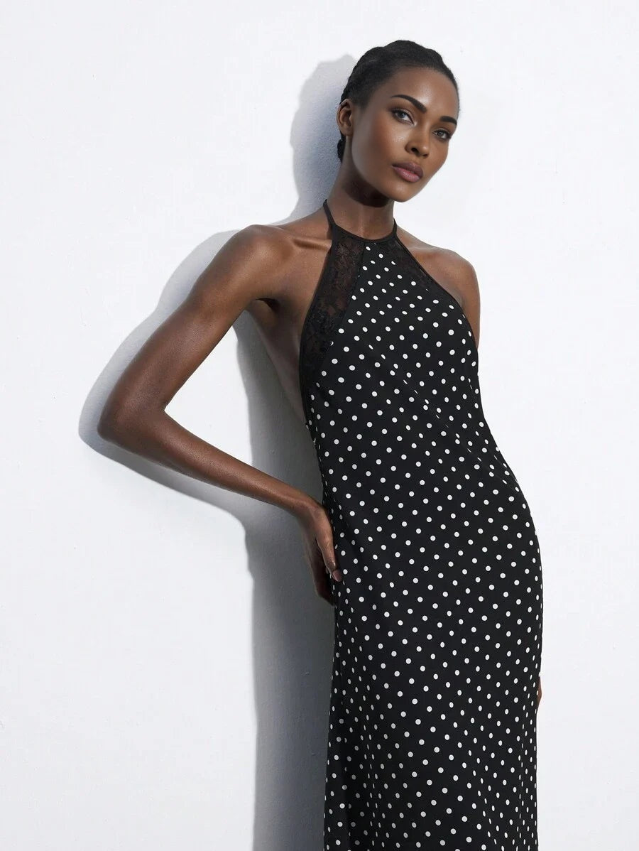 Black Polka Dot Lace Patchwork Backless Tie Strap Dress For Women Elegant Versatile Fitted Dress