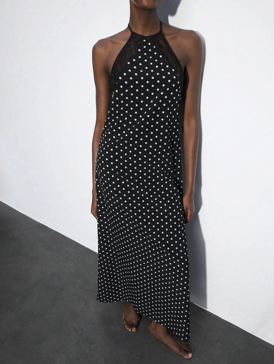 Black Polka Dot Lace Patchwork Backless Tie Strap Dress For Women Elegant Versatile Fitted Dress