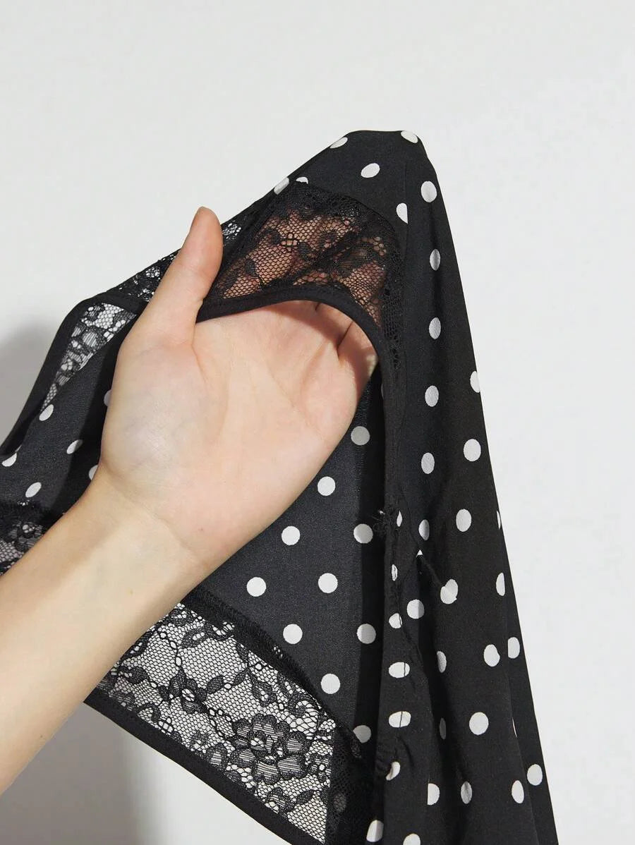 Black Polka Dot Lace Patchwork Backless Tie Strap Dress For Women Elegant Versatile Fitted Dress