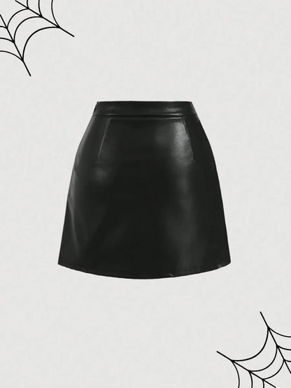 Black PU Fabric Bow Accent FrontSlit Mini SkirtFall Women Clothes New YearValentine ClothesWitchy