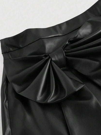 Black PU Fabric Bow Accent FrontSlit Mini SkirtFall Women Clothes New YearValentine ClothesWitchy