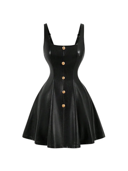 Black PU Front Metal Buckle Women Slip Dress Back To School Mini Skirt Women Fall Outfits Halloween