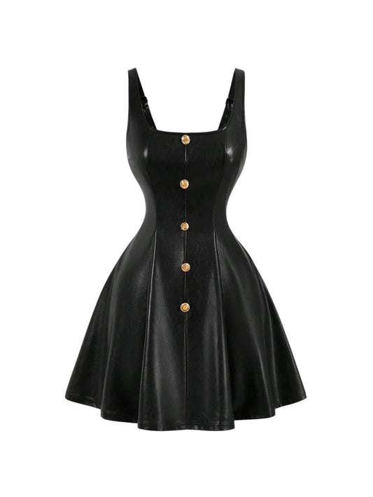 Black PU Front Metal Buckle Women Slip Dress Back To School Mini Skirt Women Fall Outfits Halloween