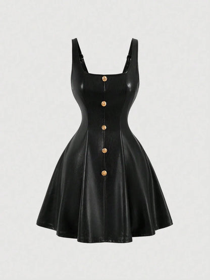 Black PU Front Metal Buckle Women Slip Dress Back To School Mini Skirt Women Fall Outfits Halloween