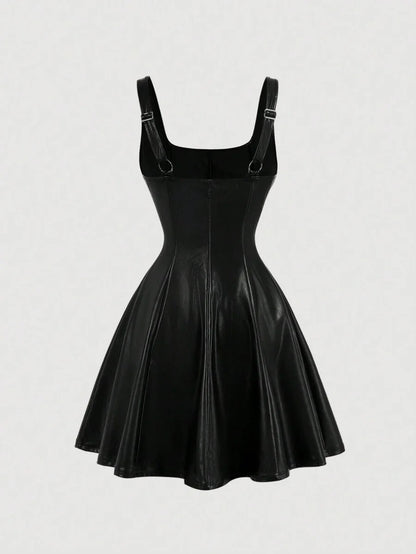 Black PU Front Metal Buckle Women Slip Dress Back To School Mini Skirt Women Fall Outfits Halloween
