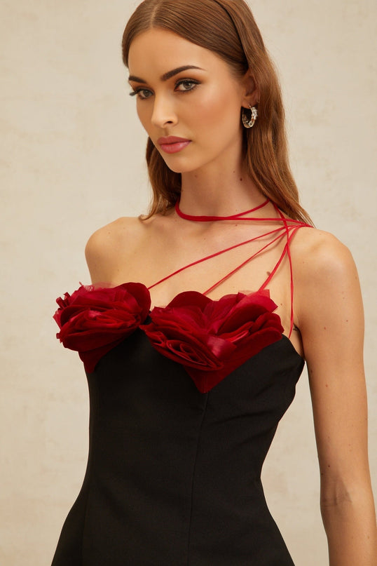 Black and Red Halterneck Sleeveless Dress with 3D-Heart Motif