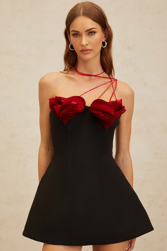 Black and Red Halterneck Sleeveless Dress with 3D-heart motif