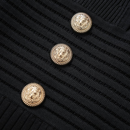 Black Ribbed Bodycon Dress with Gold Buttons