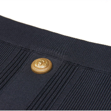 Black Ribbed Crop Top Set with Gold Button Details