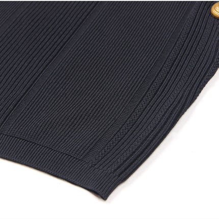 Black Ribbed Crop Top Set with Gold Button Details
