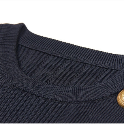 Black Ribbed Crop Top Set with Gold Button Details