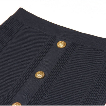 Black Ribbed Crop Top Set with Gold Button Details