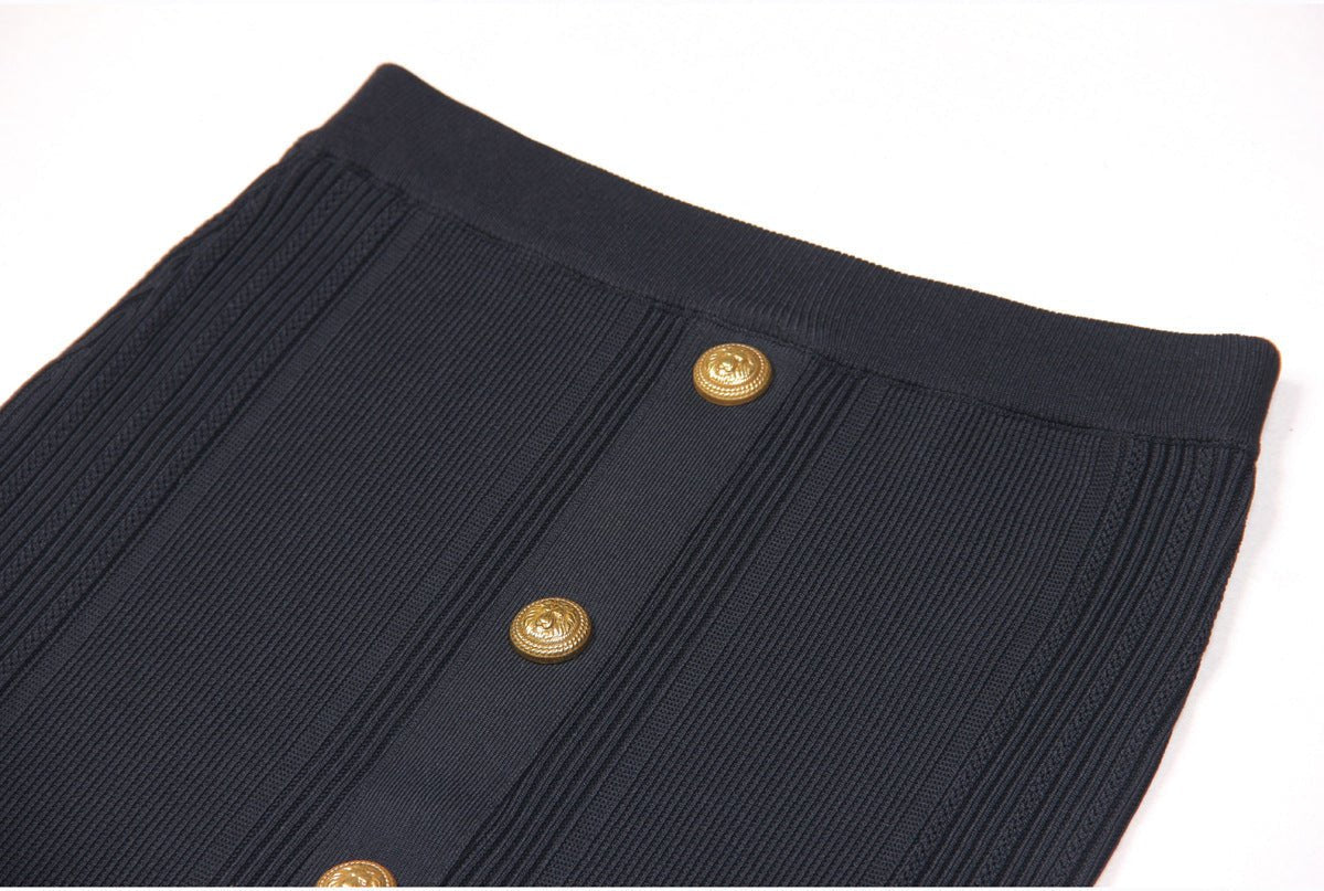 Black Ribbed Crop Top Set with Gold Button Details