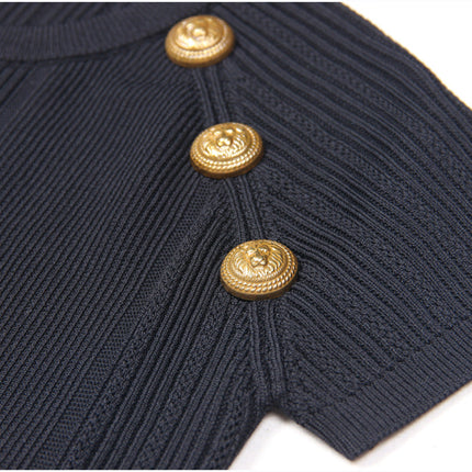 Black Ribbed Crop Top Set with Gold Button Details