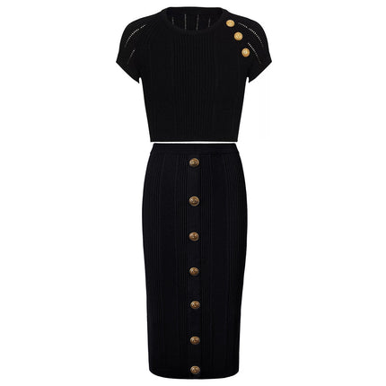 Black Ribbed Crop Top Set with Gold Button Details