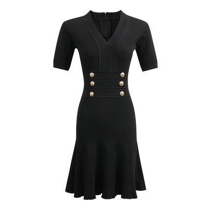 Black ribbed knit bodycon dress with gold buttons and v-neckline