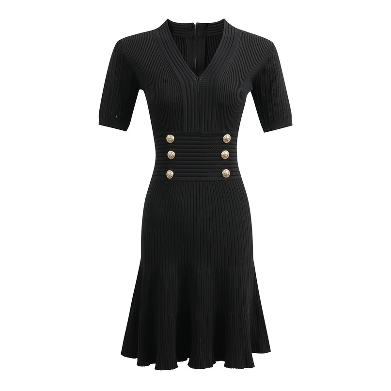 Black ribbed knit bodycon dress with gold buttons and v-neckline