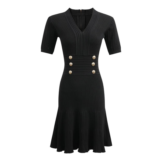 Black ribbed knit bodycon dress with gold buttons and v-neckline