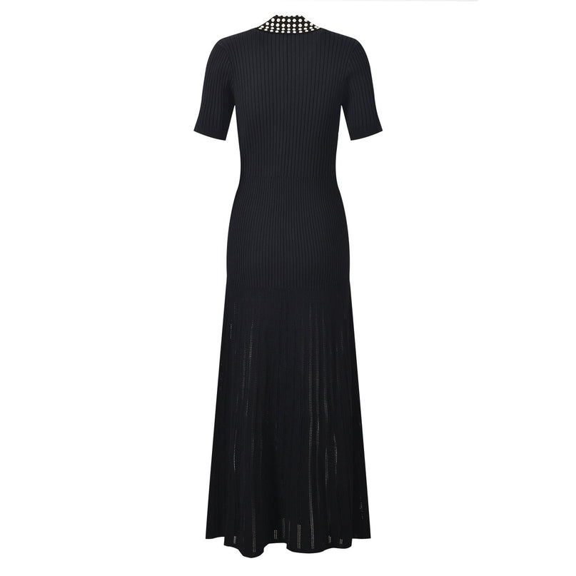 Black ribbed maxi dress with studded collar