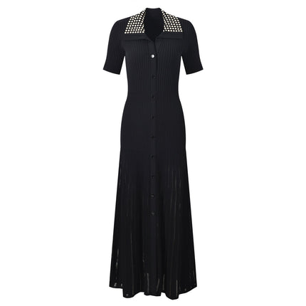Black ribbed maxi dress with studded collar