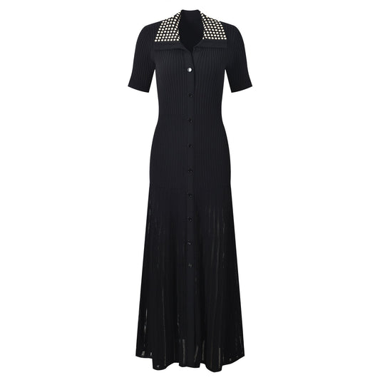 Black ribbed maxi dress with studded collar