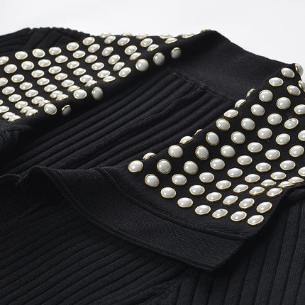 Black Ribbed Maxi Dress with Studded Collar